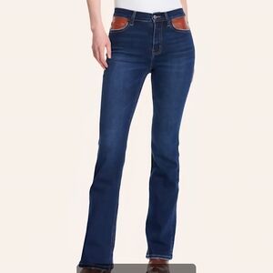Women’s Dark Blue Jeans with Brown Pocket Trim